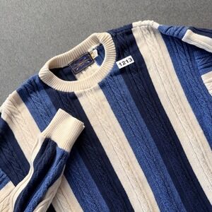 Vintage The Arrow Company Mens Large Blue Striped Cable Knit Cotton Sweater USA